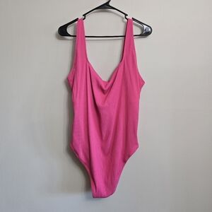 Old Navy French Cut Square Neck Bright Pink Ribbed One Piece Swimsuit